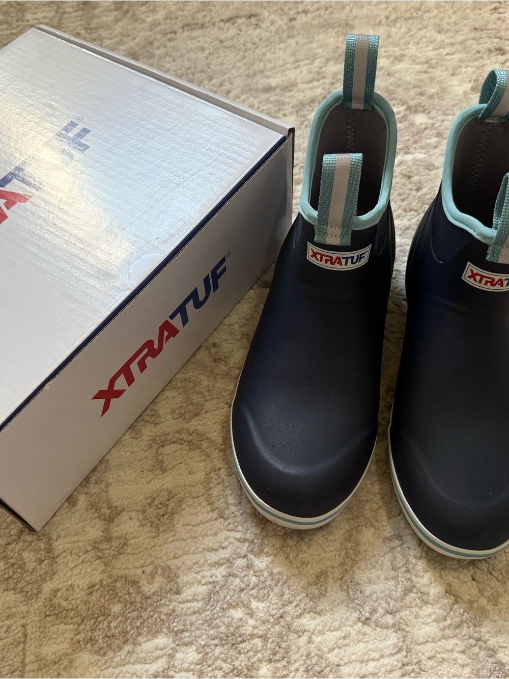 XTRATUF Women's Ankle Deck Boots in Navy with Aqua Trim 9 1/2 women’s 8 men’s